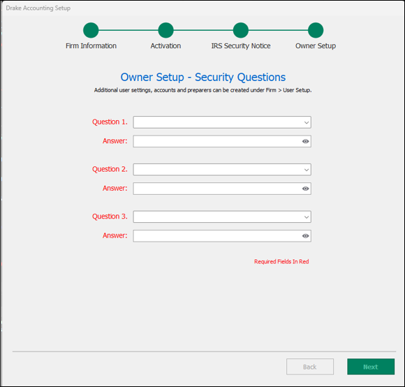 Owner setup security questions